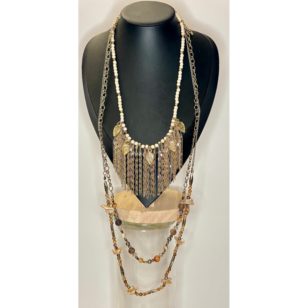 Vintage Tribal Shell Feather Charms Chains Layered Statement Necklace Boho Bib